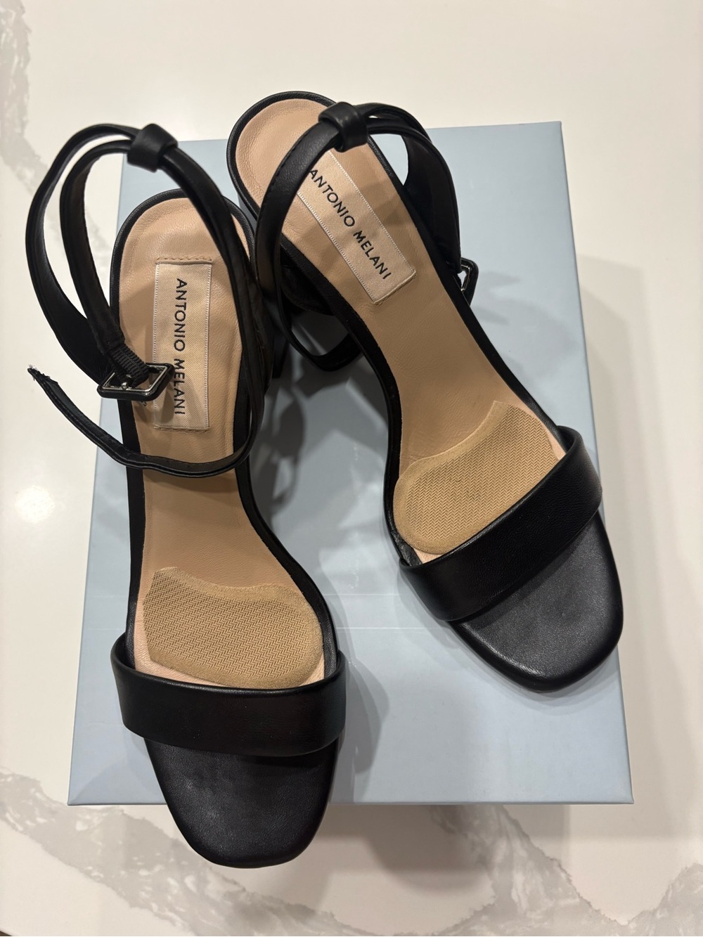 ANTONIO MELANI Black Strappy Block Heel Sandals 7.5